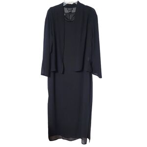 Leslie Fay 2 Piece Black Sleeveless Maxi Dress With Sheer Light Jacket Size 12